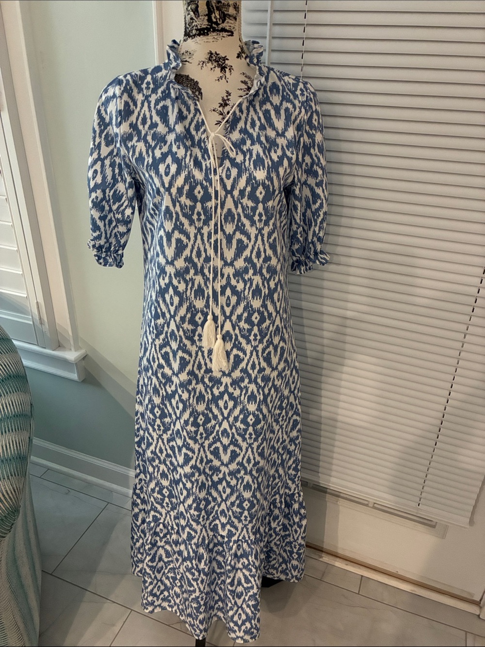 Blue and White Ikat Maxi Dress with Tassel Tie. Size M